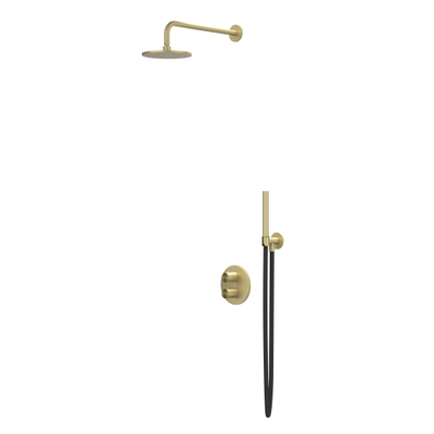 IVY Concord Regendoucheset - inbouw - 2-weg stop-omstel - 20cm plafondbuis - 20cm medium hoofddouche rond - houder met uitlaat - 150cm doucheslang - staafmodel handdouche - RVS316 - geborsteld mat goud PVD