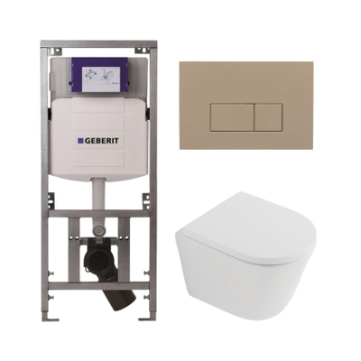 QeramiQ Dely Toiletset - 36.3x51.7cm - diepspoel - rimless - Geberit UP320 inbouwreservoir - softclose toilet zitting 35 mm - bedieningsplaat taupe - rechthoekige knoppen - mat wit