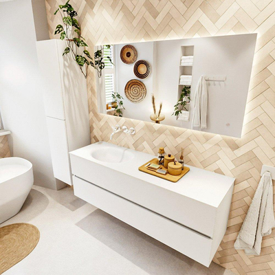 MONDIAZ VICA 150cm badmeubel onderkast Talc 2 lades. Wastafel MOON links zonder kraangat, kleur Talc.