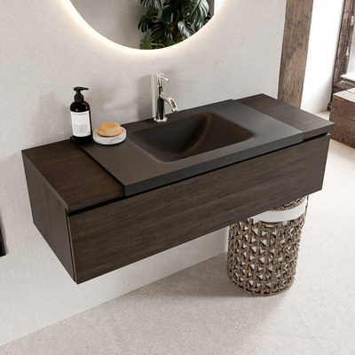 Mondiaz BUKLA badkamermeubelset 120x45x34cm 1 kraangat wasbak midden solid surface Urban greeploos 1 lade met softclose Melamine Dark brown