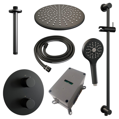 BRAUER Black Edition thermostatische Inbouw Regendouche - 3-weg - rond - set 96 - 30cm hoofddouche - plafondarm - 3-standen handdouche - doucheslang - geïntegreerde glijstang - mat zwart