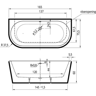 Xenz Charley XS 165x75x58 ebony. sleuf overloop. waste zwart mat