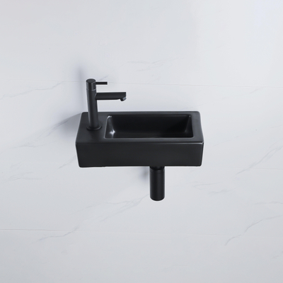 QeramiQ Fuente Fonteinset - 37.5x18.5x9cm - keramiek - kraangat links - fonteinkraan zwart mat - afvoerplug - verlaagd sifon - Mat Zwart