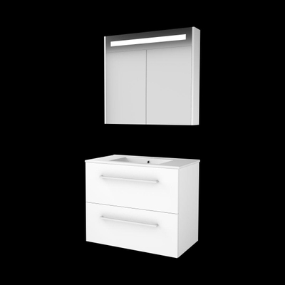 Basic-Line Premium 46 badkamermeubelset - 80x46cm - met grepen - 2 lades - porseleinen wastafel - 1 kraangat - Spiegelkast - geintegreerde LED verlichting - MDF lak Ice White