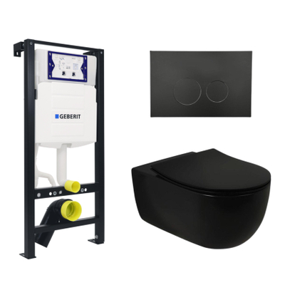 Plieger Kansas Toiletset - UP320 inbouwreservoir - wandcloset - slim zitting - softclose - mat zwarte bedieningsplaat - ronde knoppen - mat zwart