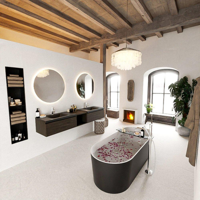 MONDIAZ BUKLA 200cm badmeubel met open module 40 kleur Dark Brown met 2 lades. Wastafel CLOUD dubbel 2 kraangaten kleur Urban.