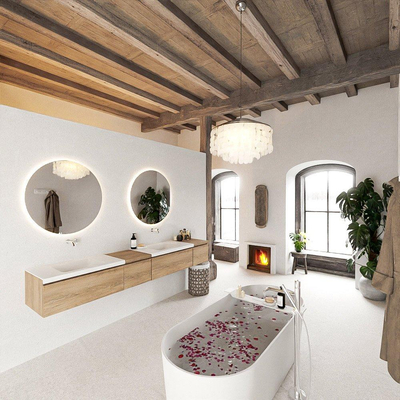 MONDIAZ BUKLA 240cm badmeubel met module 40 links kleur Washed Oak met 4 lades. Wastafel CLOUD dubbel 0 kraangaten kleur Talc.