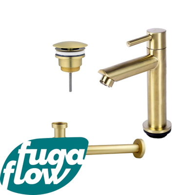 FugaFlow Eccelente Sobrado Badkamer fonteinkraanset met staande fonteinkraan laag, always open plug en design sifon PVD Geborsteld Messing
