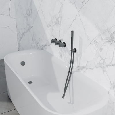 Fortifura Nebbio Badcombinatie-set - thermostaatkraan - inbouwdeel - inbouw uitbreiding - wandaansluitbocht - gladde doucheslang - staaf handdouche - badafvoer opbouw - geborsteld gunmetal PVD