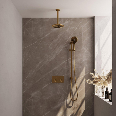 BRAUER Gold Edition Thermostatische Regendouche inbouw - drukknoppen - SET 71 - 20cm hoofddouche - plafondarm - 3 standen handdouche - doucheslang - geïntegreerde glijstang - goud geborsteld PVD