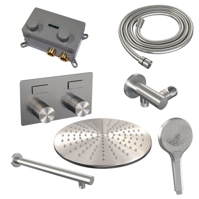 BRAUER Brushed Carving Thermostatische Regendouche inbouw - drukknoppen - SET 56 - 30cm hoofddouche - rechte muurarm - 3 standen handdouche - doucheslang - wandaansluitbocht - RVS geborsteld PVD