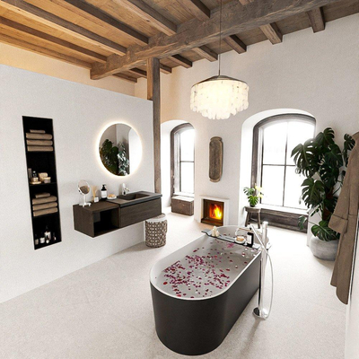 MONDIAZ BUKLA 120cm badmeubel met open module 40 kleur Dark Brown met 1 lade. Wastafel CLOUD rechts 1 kraangat kleur Urban.