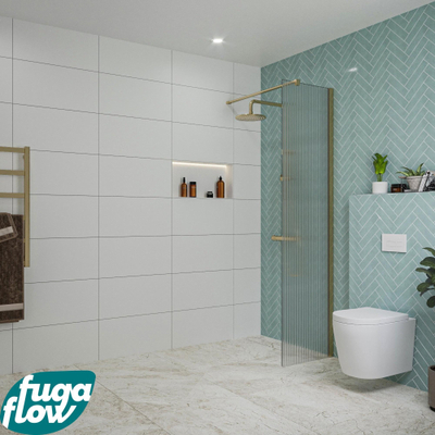 FugaFlow Eccelente Vetro inloopdouche badkamer - 50x200cm - ribbelglas - wandarm - geborsteld messing