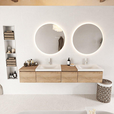 MONDIAZ BUKLA 200cm badmeubel met module 40 rechts kleur Washed Oak met 4 lades. Wastafel CLOUD dubbel 2 kraangaten kleur Talc.