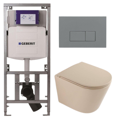 QeramiQ Dely Toiletset - 36.3x51.7cm - diepspoel - rimless - Geberit UP320 inbouwreservoir - softclose toilet zitting - bedieningsplaat licht grijs - rechthoekige knoppen - mat beige