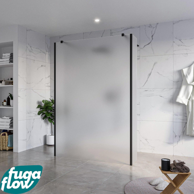 FugaFlow Eccelente Vetro Vrijstaande inloopdouche badkamer - 140x200cm - Glas mat - antikalk - 8mm veiligheidsglas - 2 zijwanden 30cm - met wandarmen en hoekprofielen - Zwart mat -