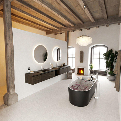 MONDIAZ BUKLA 280cm badmeubel met open module 40 midden kleur Dark Brown met 4 lades. Wastafel CLOUD dubbel 2 kraangaten kleur Urban.