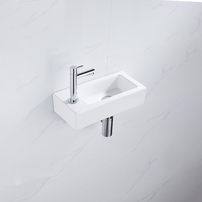 QeramiQ Fuente Fonteinset - 37.5x18.5x9cm - keramiek - kraangat links - fonteinkraan chroom - afvoerplug - verlaagd sifon - Mat wit