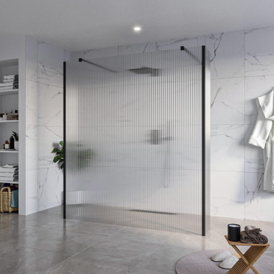 FugaFlow Eccelente Vetro Vrijstaande inloopdouche badkamer - 180x200cm - Helder geribbeld - antikalk - 8mm veiligheidsglas - 2 zijwanden 30cm - met wandarmen en hoekprofielen - Zwart mat -