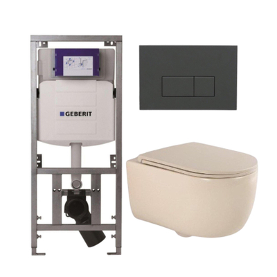QeramiQ Dely Swirl Toiletset - 36.3x51.7cm - Geberit UP320 Burda inbouwreservoir - slimzitting - bedieningsplaat antraciet mat - rechthoekige knoppen - beige