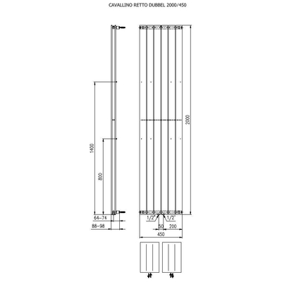 Plieger Cavallino Retto designradiator verticaal dubbel middenaansluiting 2000x450mm 1287W wit