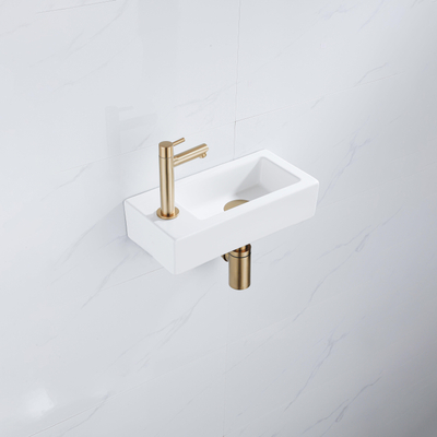 QeramiQ Fuente Fonteinset - 37.5x18.5x9cm - keramiek - kraangat links - fonteinkraan geborsteld messing - afvoerplug - verlaagd sifon - Mat wit