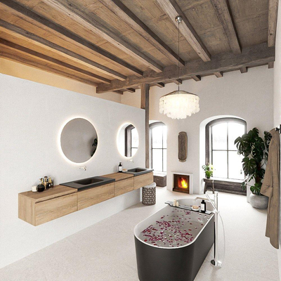 MONDIAZ BUKLA 280cm badmeubel met module 60 rechts kleur Washed Oak met 4 lades. Wastafel CLOUD dubbel 0 kraangaten kleur Urban.