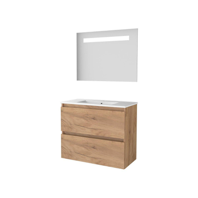 Basic-Line Economic 39 badkamermeubelset - 80x39cm - greeploos - 2 lades - porseleinen wastafel - 1 kraangat - Spiegel - geintegreerde LED verlichting - MFC Whisky Oak