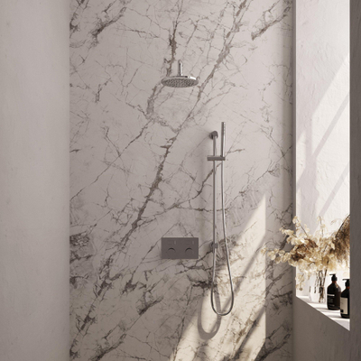 BRAUER Chrome Carving Thermostatische Regendouche inbouw - drukknoppen - SET 63 - 20cm hoofddouche - gebogen muurarm - staaf handdouche - doucheslang - geïntegreerde glijstang - chroom