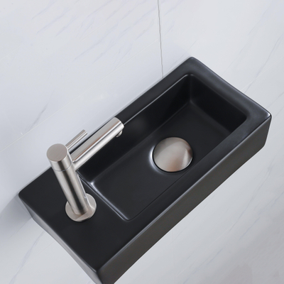 QeramiQ Fuente Fonteinset - 37.5x18.5x9cm - keramiek - kraangat links - fonteinkraan geborsteld RVS - afvoerplug - verlaagd sifon - Mat Zwart