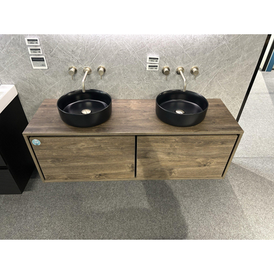 HR Badmeubelen Rize wastafelkast 2 hoge laden reeploos push2open 140 x 45 x 45 cm met Matrix Bovenblad espresso 2x Note waskom - 37x12cm m zwart SHWOROOMMODEL