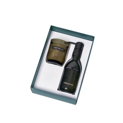 Wellmark Discover giftset - handzeep en geurkaars - dark amber - smokey zwart glas