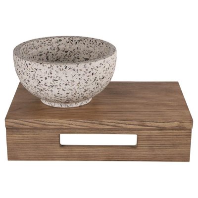 Differnz fonteinset - 40x25x10cm - Rechthoek - 0 kraangaten - zwart/wit terazzo waskom - Hout bruin eiken