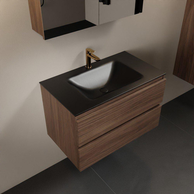 Mondiaz Aivy badmeubelset - 80x45x50cm - 1 kraangat - 1 wasbak urban Solid surface - Midden - 2 lades - Met spiegelkast - Melamine Mocha