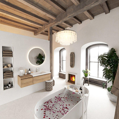 MONDIAZ BUKLA 120cm badmeubel met module 40 kleur Washed Oak met 2 lades. Wastafel CLOUD rechts 1 kraangat kleur Talc.