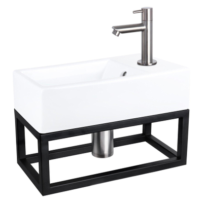 Differnz Force fonteinset - 40x22x11.5cm - Rechthoek - 1 kraangat - Recht matte chromen kraan - met zwart frame - Keramiek Wit