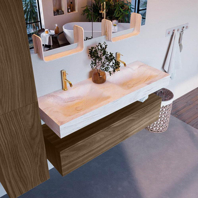 Mondiaz ALAN-DLUX 130cm badmeubel onderkast Mocha 1 lade. Vrijhangende wastafel CLOUD dubbel 2 kraangaten, kleur Ostra.