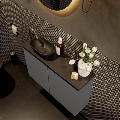 Mondiaz Fowy Toiletmeubel - 80x50x23cm - dark grey mat - 1 kraangat - wasbak links - 2 deuren - solid surface - blad MDF - wasbak: zwart