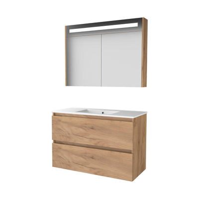 Basic-Line Premium 46 badkamermeubelset - 100x46cm - greeploos - 2 lades - porseleinen wastafel - 1 kraangat - Spiegelkast - geintegreerde LED verlichting - MFC Whisky Oak