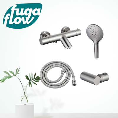 FugaFlow Eccelente Sobrado Badkamer Thermostatische badkraan met ronde handdouche, handdouchehouder en metalen doucheslang geborsteld RVS PVD