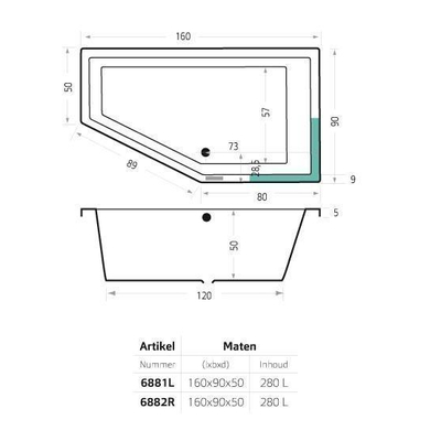 Xenz society 160 ligbad 160x90x50cm rechts met poten zonder afvoer acryl cement mat