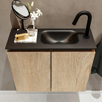 MONDIAZ TURE Fonteinset - 60x23x50cm - 1 kraangat - 2 deuren - washed oak mat - Wasbak rechts - Solid Surface Zwart