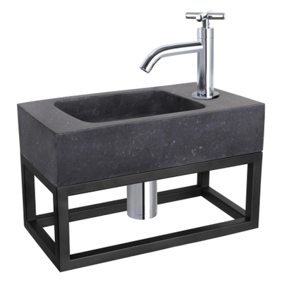 Differnz Bombai fonteinset - 40x22x9cm - Rechthoek - 1 kraangat - Gebogen chromen kraan - met zwart frame - kruisgreep - Natuursteen Zwart