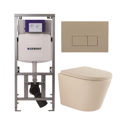 QeramiQ Dely Toiletset - 36.3x51.7cm - diepspoel - rimless - Geberit UP320 inbouwreservoir - softclose toilet zitting 35 mm - bedieningsplaat taupe - rechthoekige knoppen - mat beige