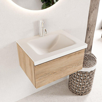 Mondiaz BUKLA Badkamermeubelset - 60x45x34cm - 1 kraangat - wasbak midden - solid surface - Talc - greeploos - 1 lade - Melamine - Washed Oak