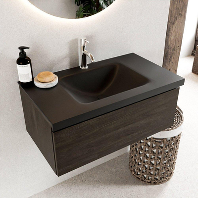 Mondiaz BUKLA Badkamermeubelset - 80x45x34cm - 1 kraangat - wasbak midden - solid surface - Urban - greeploos - 1 lade - Melamine - Dark brown