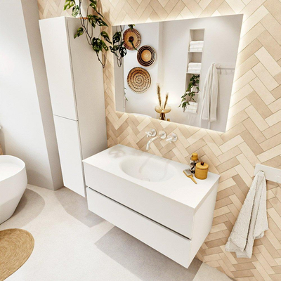 MONDIAZ VICA 100cm badmeubel onderkast Talc 2 lades. Wastafel MOON midden zonder kraangat, kleur Talc.