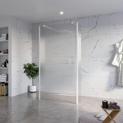 FugaFlow Eccelente Vetro Vrijstaande inloopdouche badkamer - 110x200cm - Helder geribbeld - antikalk - 8mm veiligheidsglas - 2 zijwanden 30cm - met wandarmen en hoekprofielen - Wit mat -