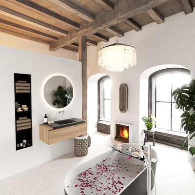 Mondiaz BUKLA Badkamermeubelset - 100x45x34cm - 0 kraangaten - wasbak midden - solid surface - Urban - greeploos - 1 lade - Melamine - Washed Oak