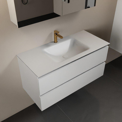 Mondiaz Aivy badmeubelset - 100x45x50cm - 1 kraangat - 1 wasbak talc Solid surface - Midden - 2 lades - Met spiegelkast - MDF Talc